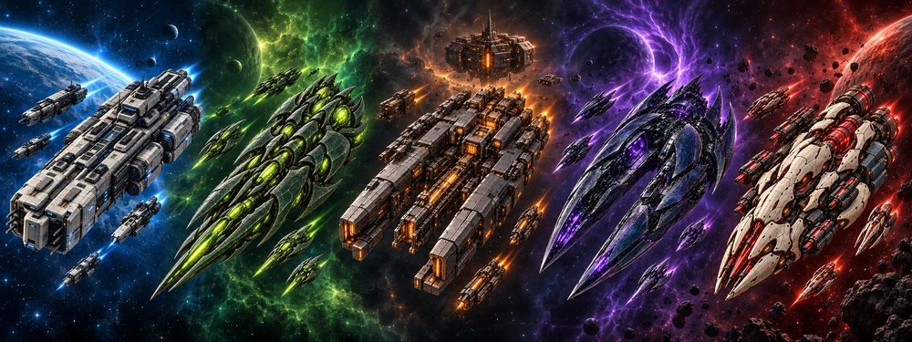 Promotional illustration showing ships from the five known factions