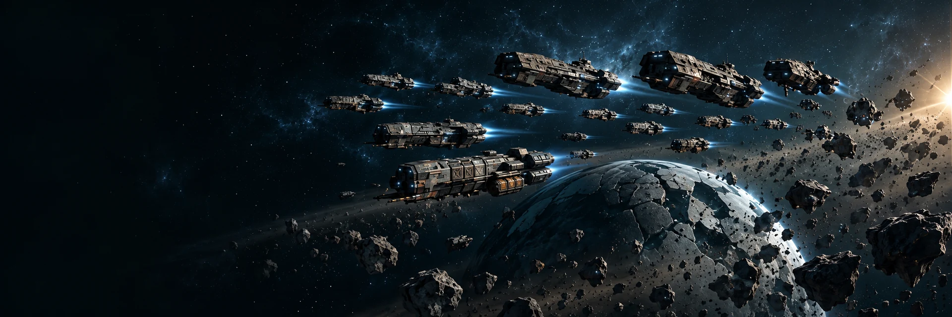 Illustration of a Terran fleet in an asteroid field