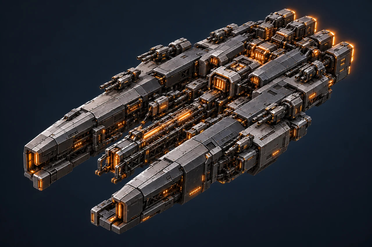 The redesigned Mechanoid Annihilator with split gunmetal hulls and recessed amber power cores
