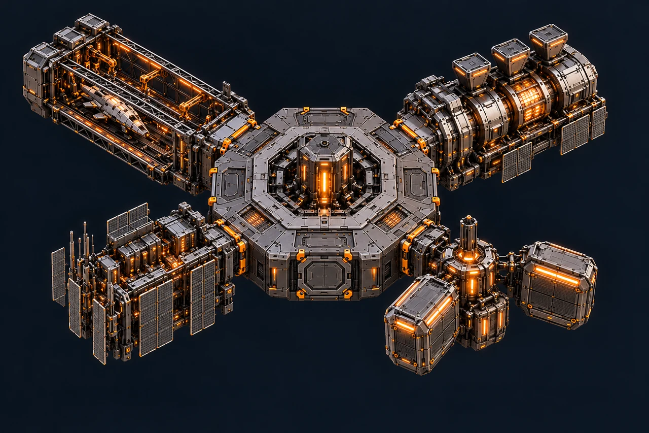 An octagonal Mechanoid space base with factory modules attached directly to its side walls