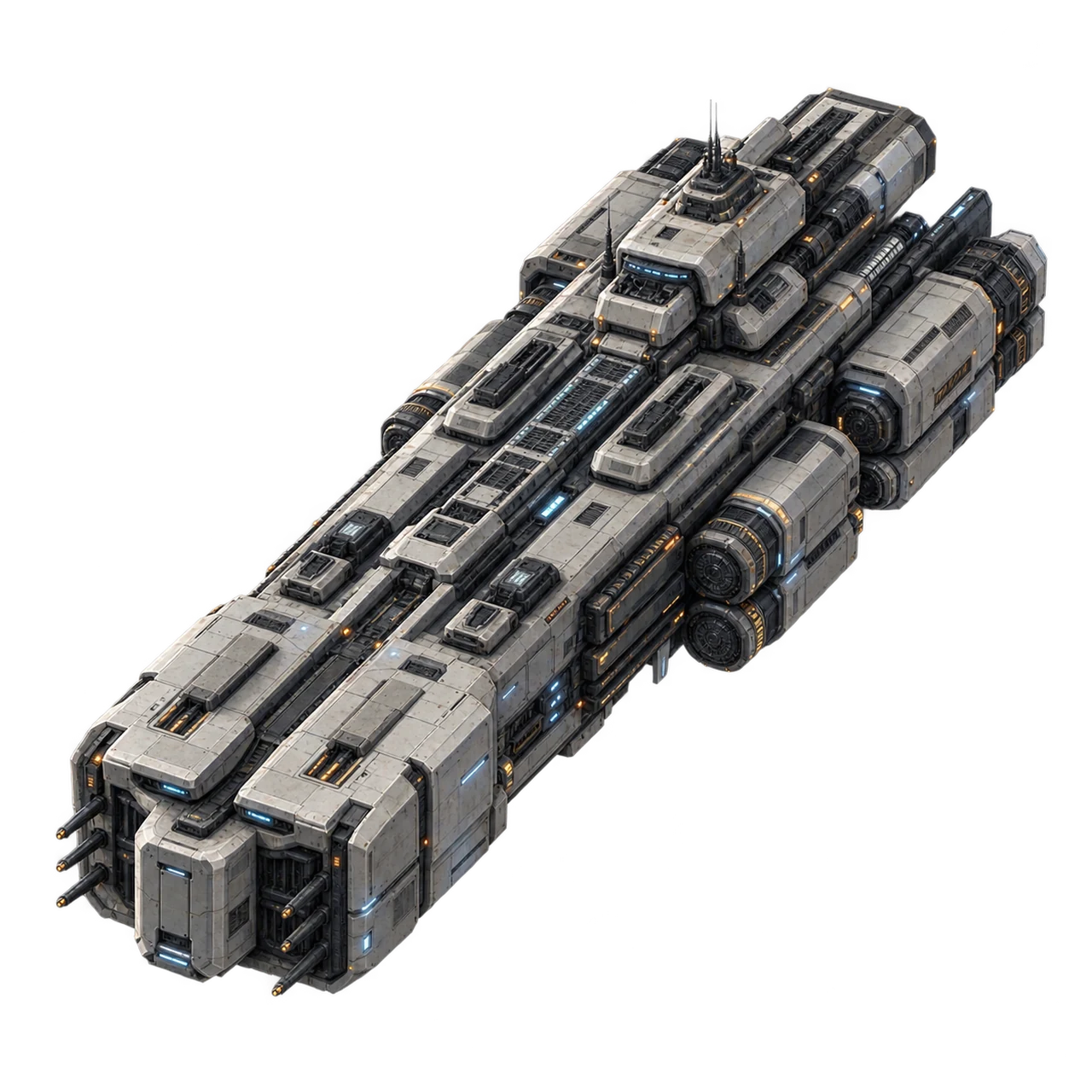 A Terran Dreadnought with pale industrial armor, a rectangular hull and blue working lights