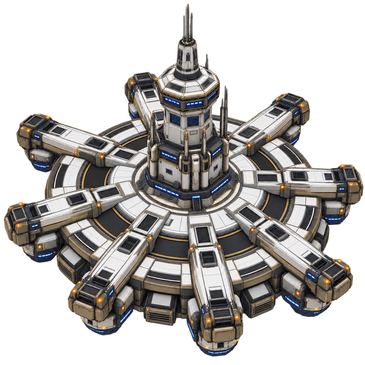 A pale Terran orbital headquarters with a central command tower, an open ring and radial docking arms