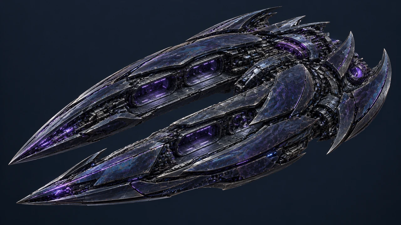 A Voidborn carrier with separated dark crystalline prows, an open hull and violet energy seams