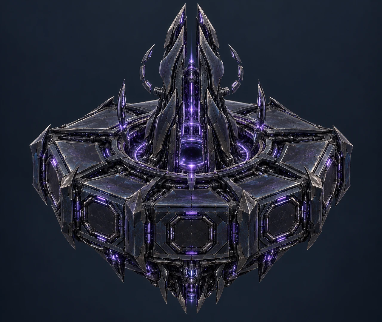 A faceted Voidborn orbital headquarters with a violet central rift, tall spires and modular docking faces