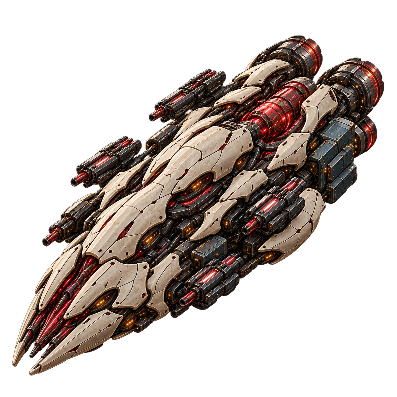 A Xenos Apex Predator with ivory armor, exposed dark machinery and crimson power conduits