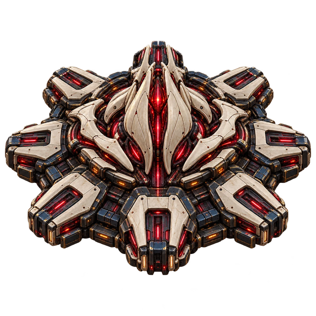 A Xenos orbital headquarters with segmented ivory armor, red energy channels and radial module connections