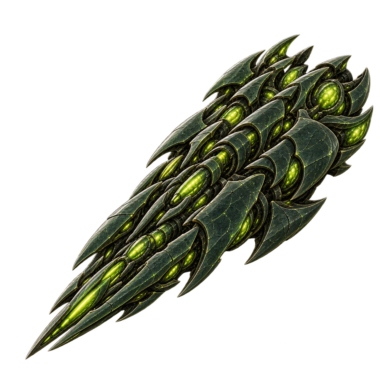 A Zythian Hive Dreadnought with layered green chitin blades and luminous lime bio-cores