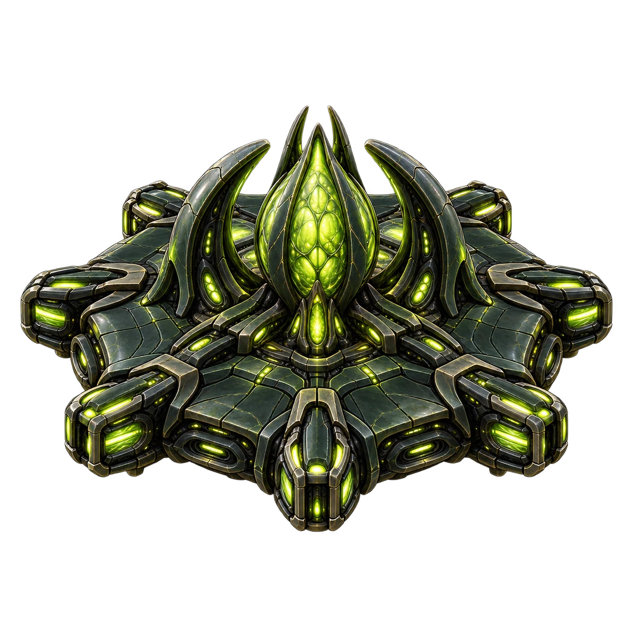 A living Zythian orbital headquarters with a green bio-core, petal-like armor and organic docking points