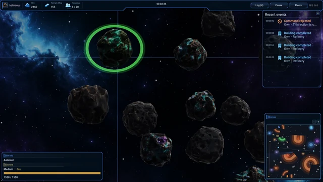 Mineral-rich asteroids against a blue nebula, with an ore deposit selected