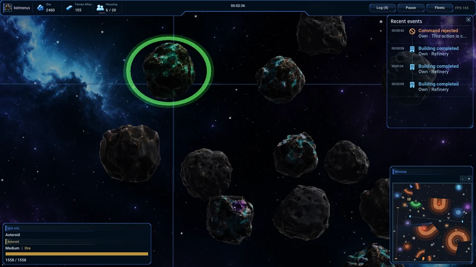 Mineral-rich asteroids against a blue nebula, with an ore deposit selected