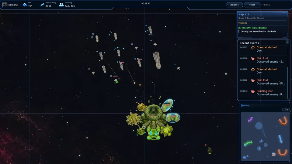 Terran warships attacking an alien base during a campaign mission