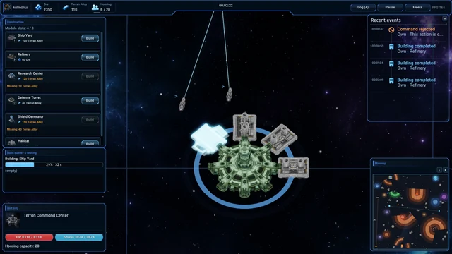 A Terran orbital base with a shipyard under construction and mining ships nearby