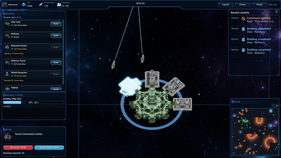 A Terran orbital base with a shipyard under construction and mining ships nearby