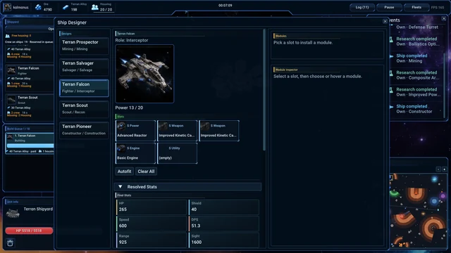 The ship designer showing a Terran Falcon and its reactor, weapons and engine slots