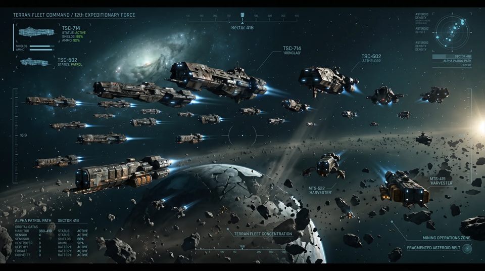 Terran fleet command display over an asteroid belt