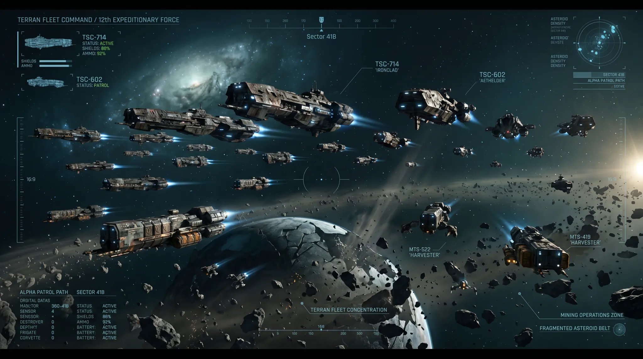 Terran fleet command display over an asteroid belt